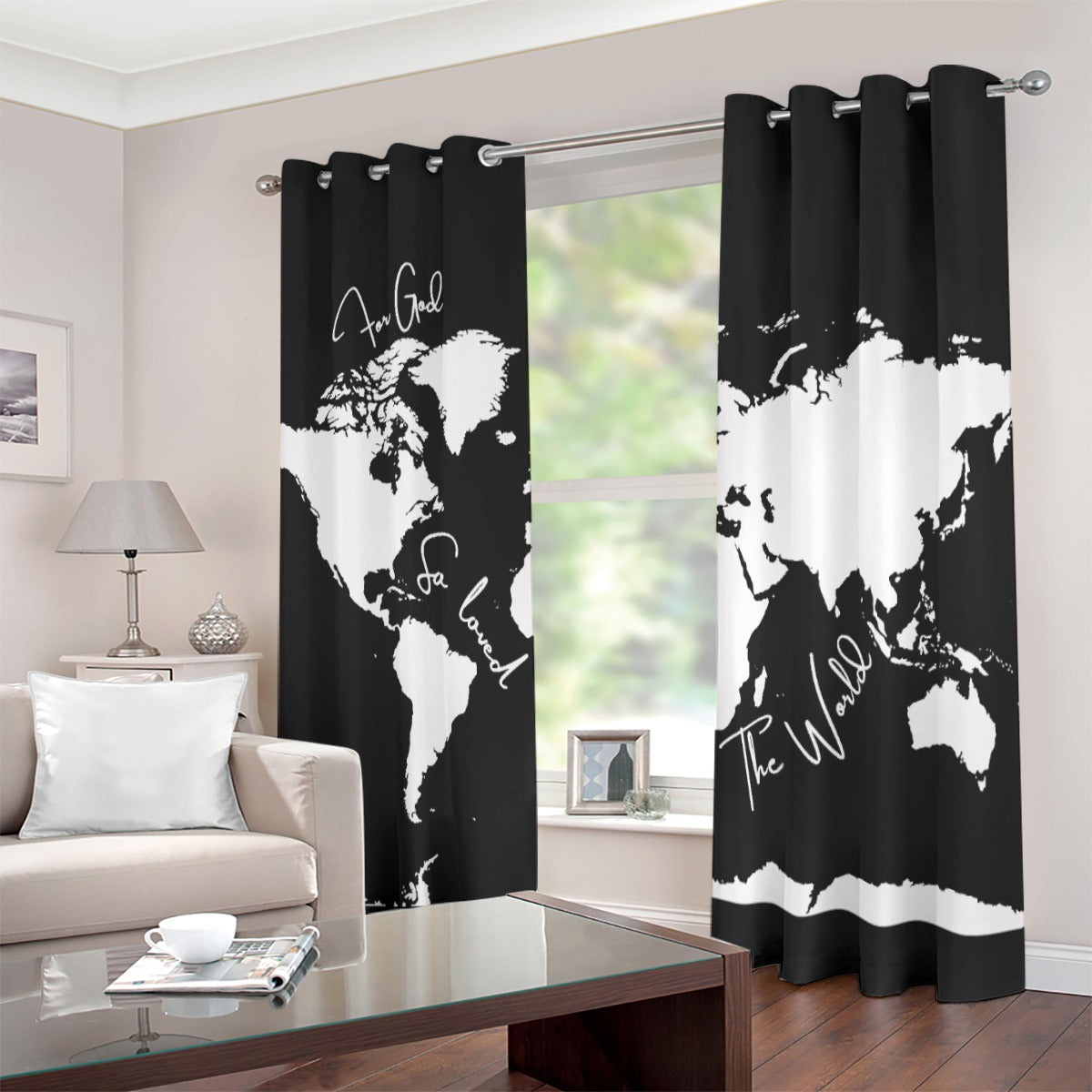 FOR GOD SO LOVED THE WORLD Black and White Grommet Curtains - WearYnobe