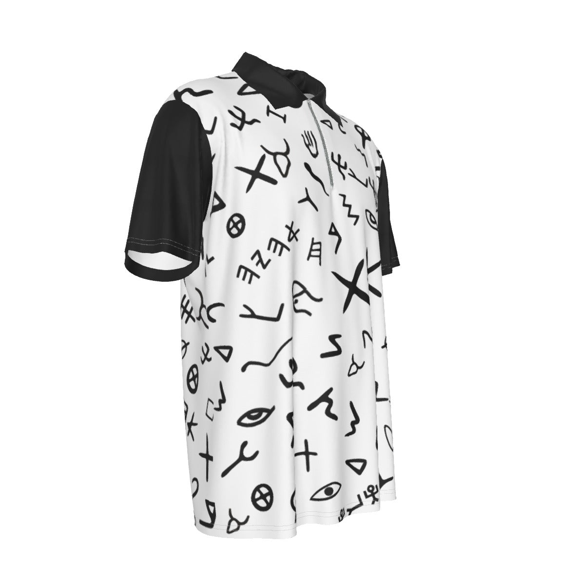 Men's AHAYAH Ancient Paleo Phoenician Pictograph Alphabet Pattern Lapel Zip Short Sleeve POLO - WearYnobe