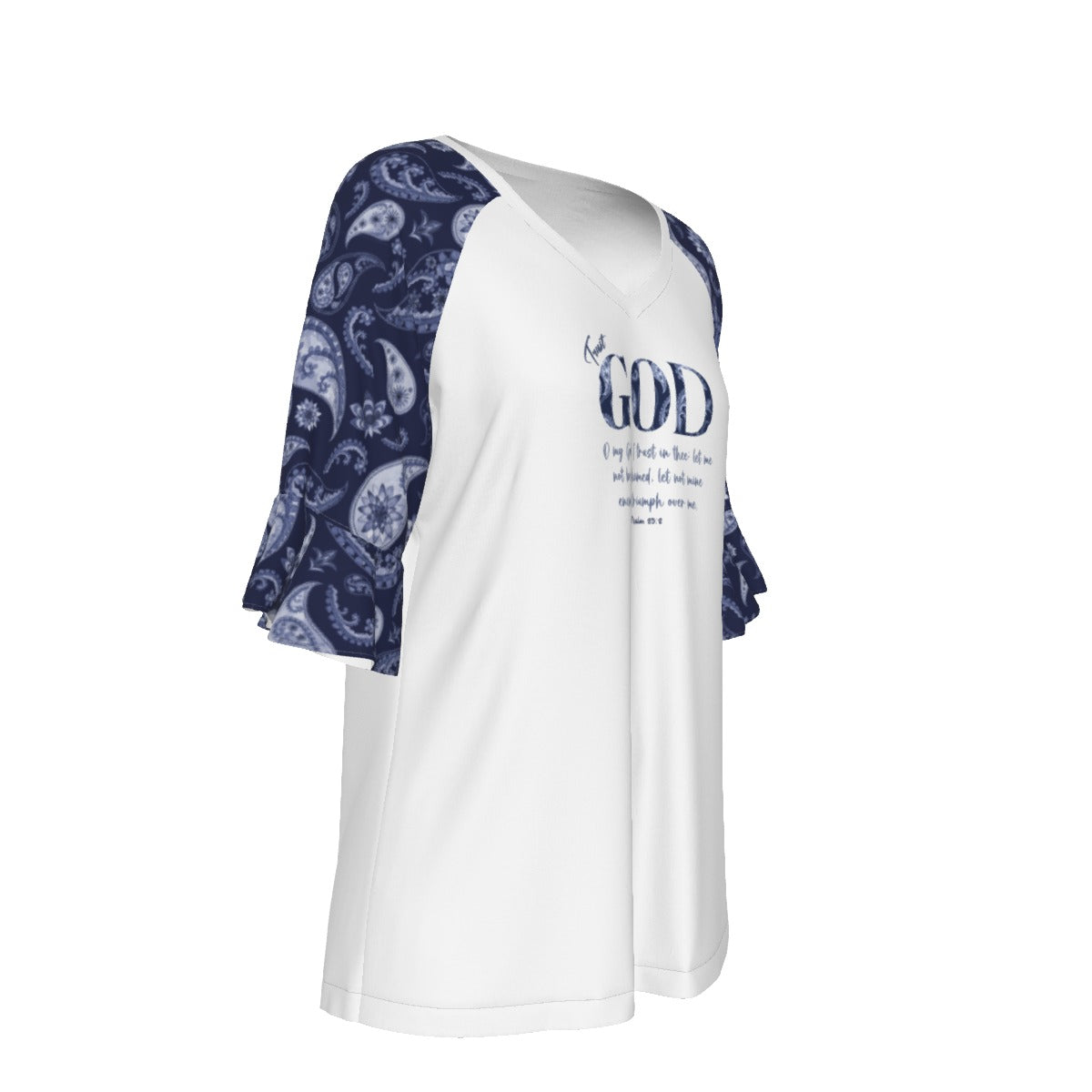 TRUST GOD Psalm 25:2 Blue Paisley Bell Sleeve Shirt - WearYnobe