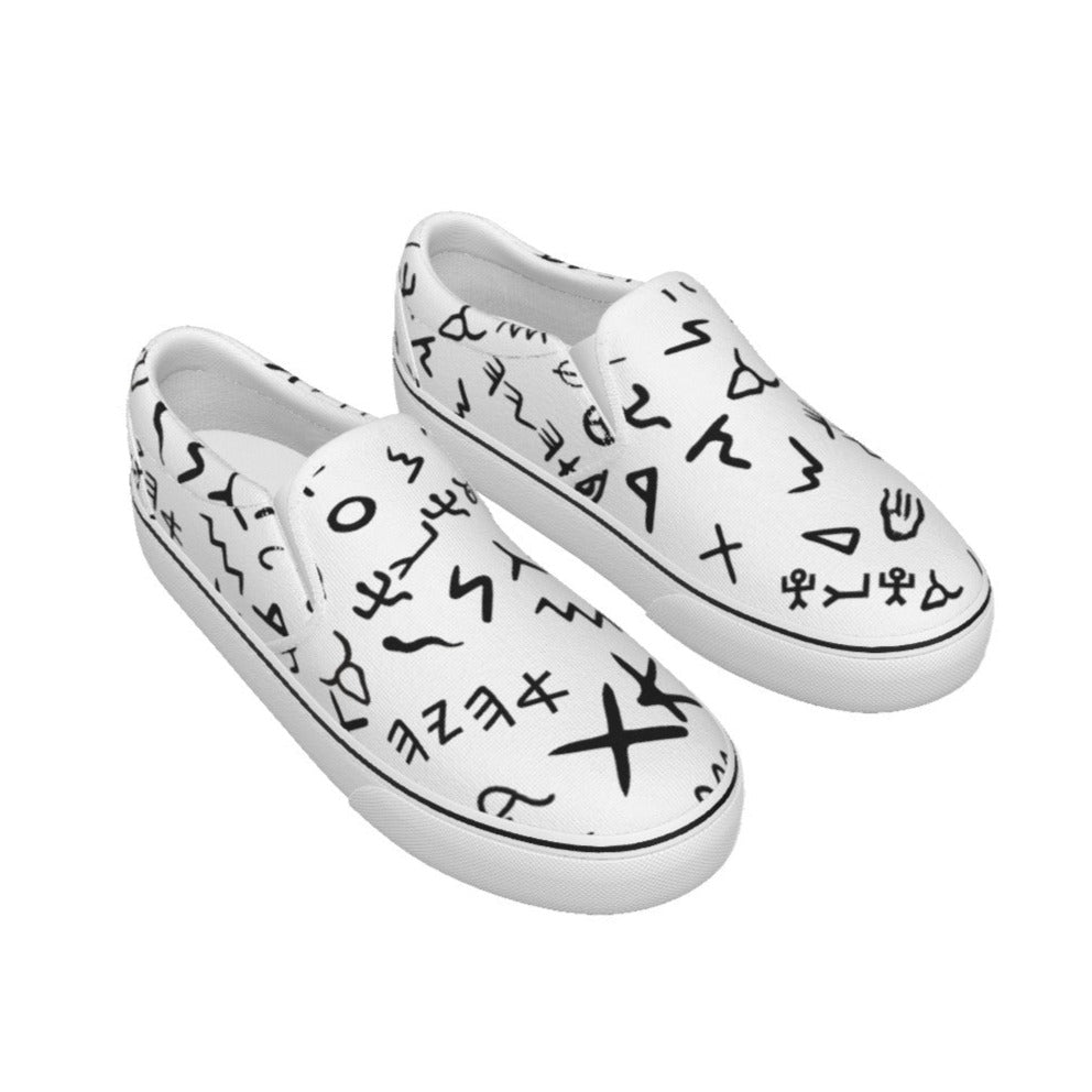 Women's AHAYAH Ancient Paleo Phoenician Pictograph Alphabet Pattern Slip On Sneakers - WearYnobe