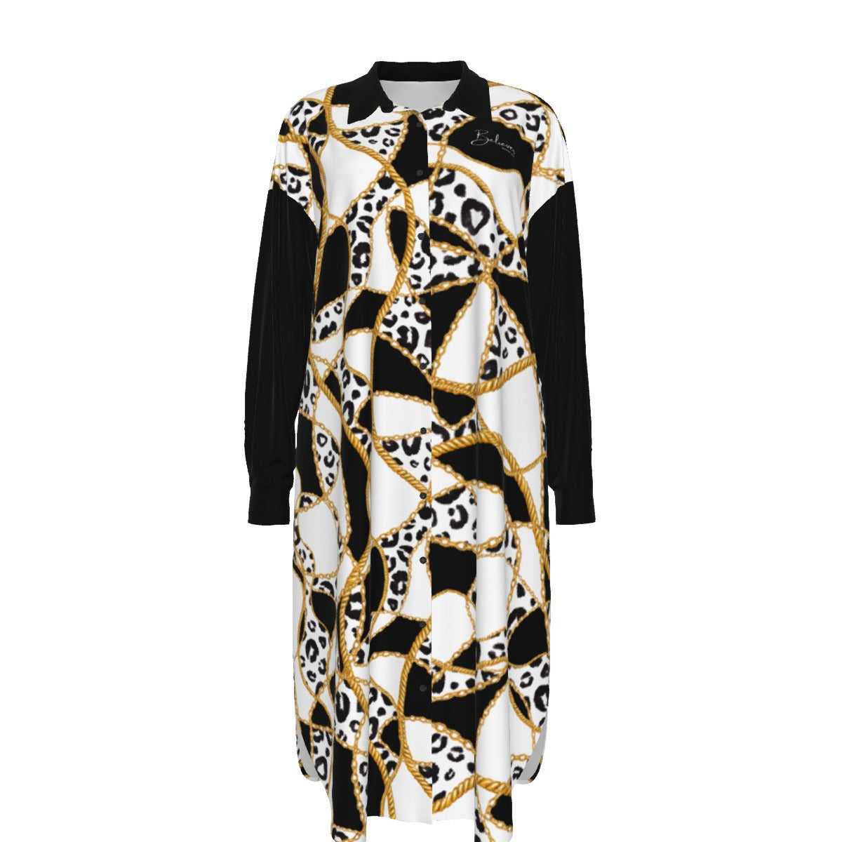 BELIEVER Romans 10:9 Leopard Black Gold White Pattern Long Shirt Dress - WearYnobe