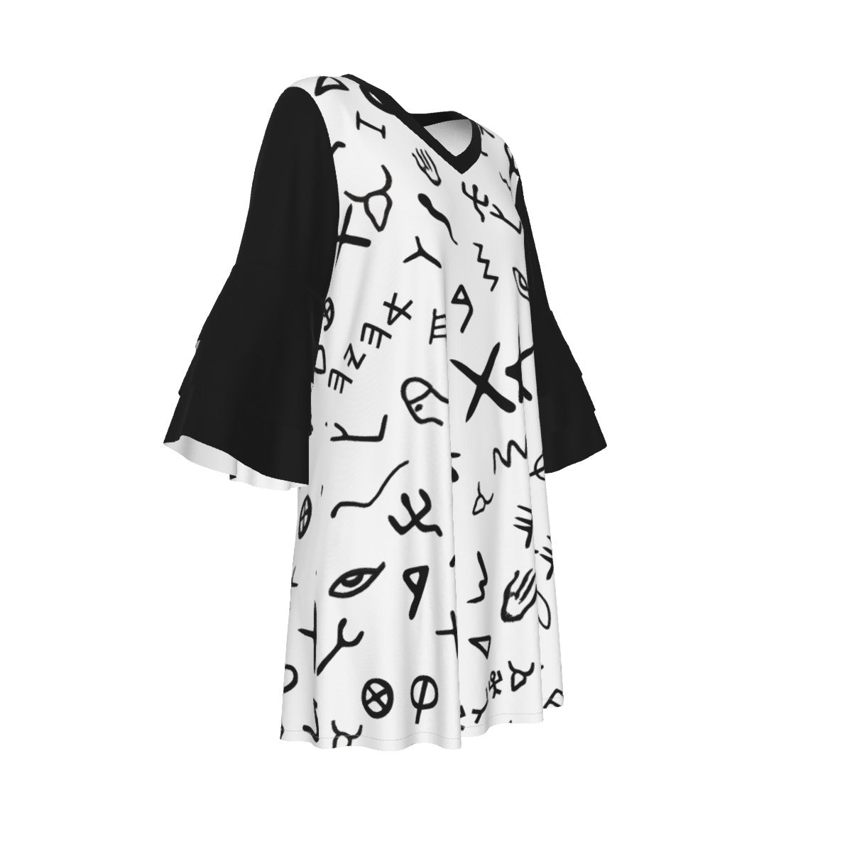 AHAYAH Ancient Paleo Phoenician Pictograph Alphabet Pattern Stacked Ruffle Sleeve Dress - WearYnobe