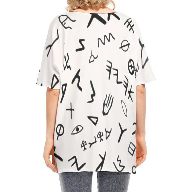 AHAYAH Ancient Paleo Phoenician Pictograph Alphabet Pattern Bat Sleeve Shirt - WearYnobe