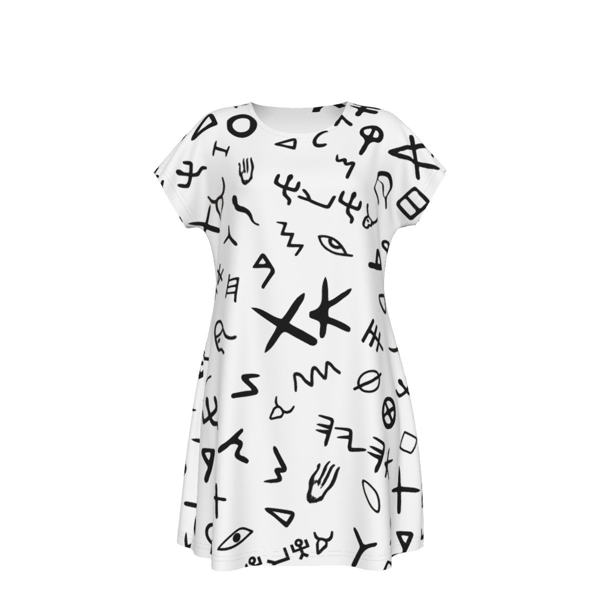 AHAYAH Ancient Paleo Phoenician Pictograph Alphabet Pattern Short Sleeve Dress - WearYnobe