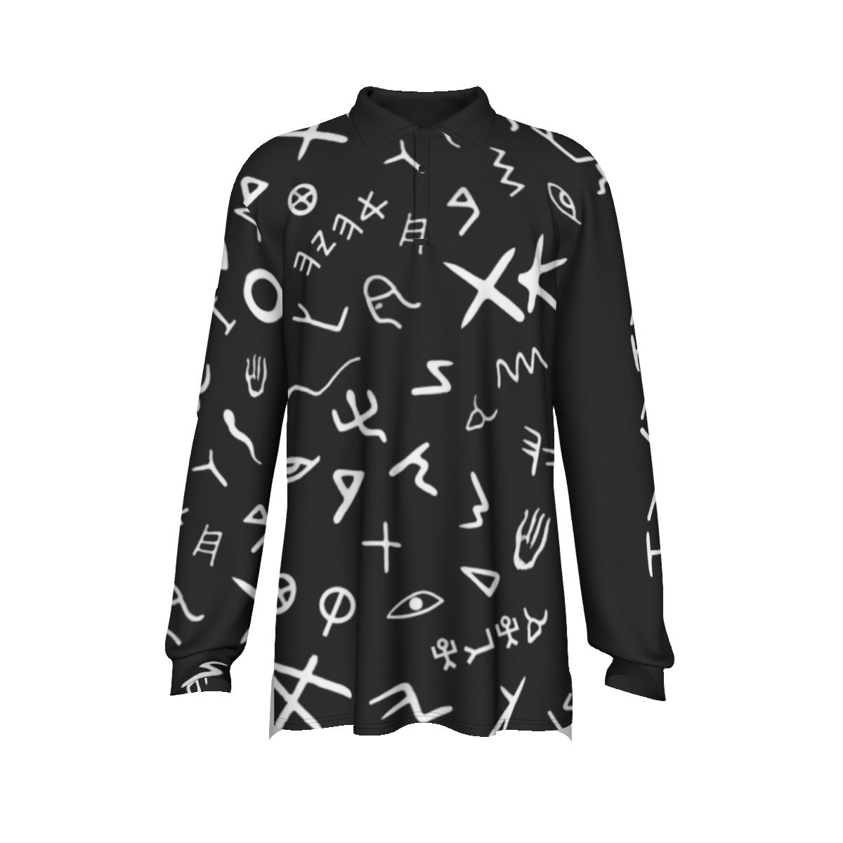 AHAYAH Ancient Paleo Phoenician Pictograph Alphabet Pattern Long Sleeve Polo Shirt - WearYnobe