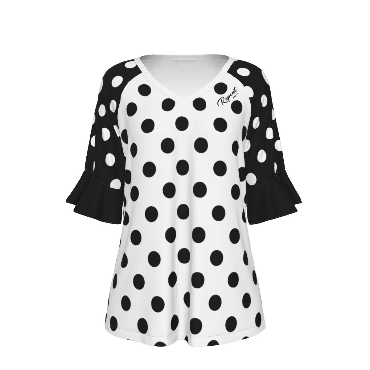 REPENT John 1:9 Polka Dot V Neck Bat Sleeve Shirt - WearYnobe