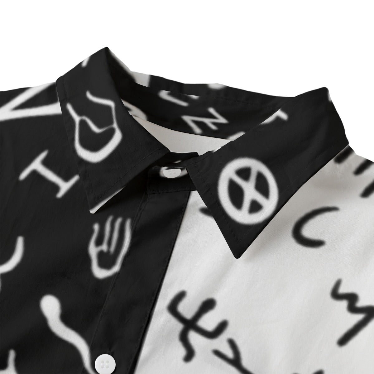 AHAYAH Ancient Paleo Phoenician Pictograph Alphabet Pattern Split Black and White Cotton Button Down - WearYnobe
