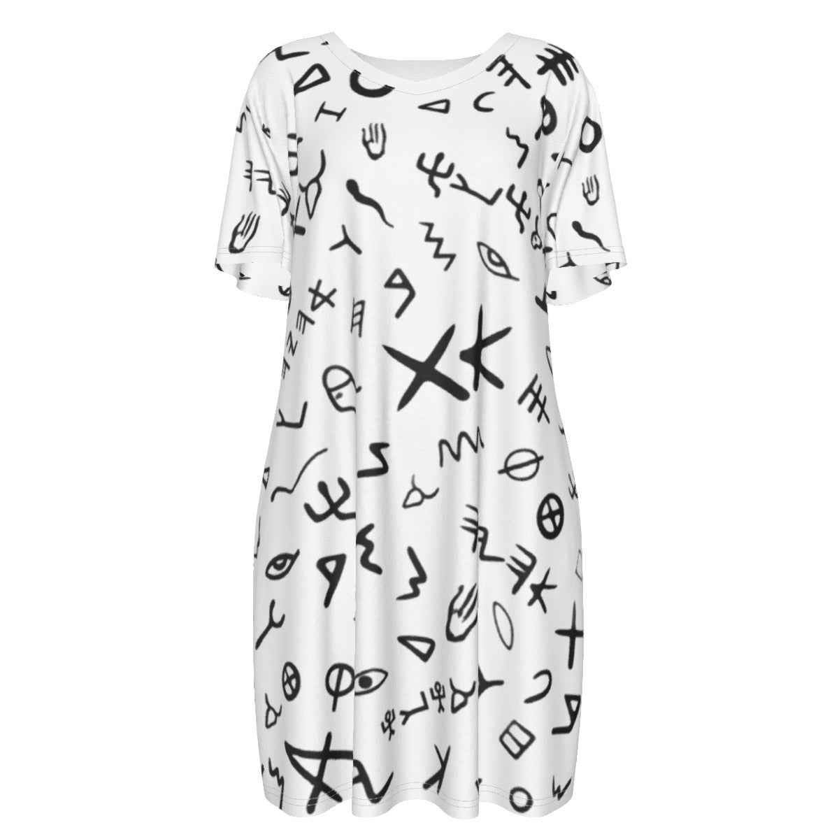 AHAYAH Ancient Paleo Phoenician Pictograph Alphabet Cotton Short Sleeve Dress - WearYnobe