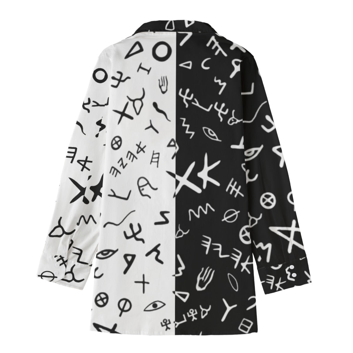 AHAYAH Ancient Paleo Phoenician Pictograph Alphabet Pattern Split Black and White Cotton Button Down - WearYnobe