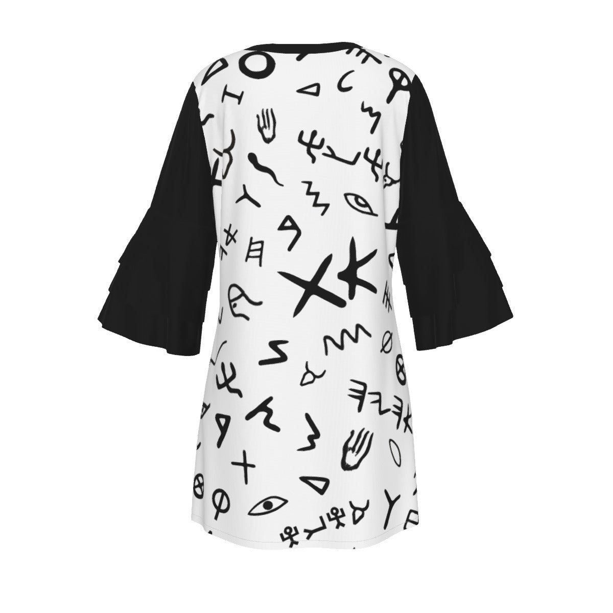 AHAYAH Ancient Paleo Phoenician Pictograph Alphabet Pattern Stacked Ruffle Sleeve Dress - WearYnobe