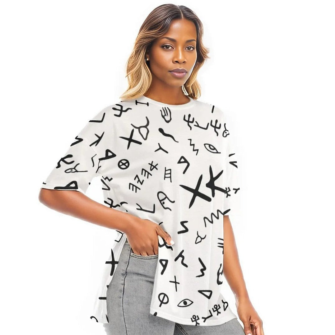 AHAYAH Ancient Paleo Phoenician Pictograph Alphabet Pattern T Shirt With Side Splits - WearYnobe