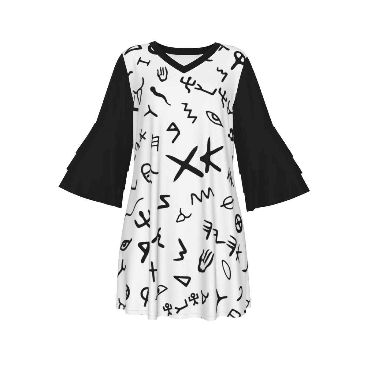 AHAYAH Ancient Paleo Phoenician Pictograph Alphabet Pattern Stacked Ruffle Sleeve Dress - WearYnobe