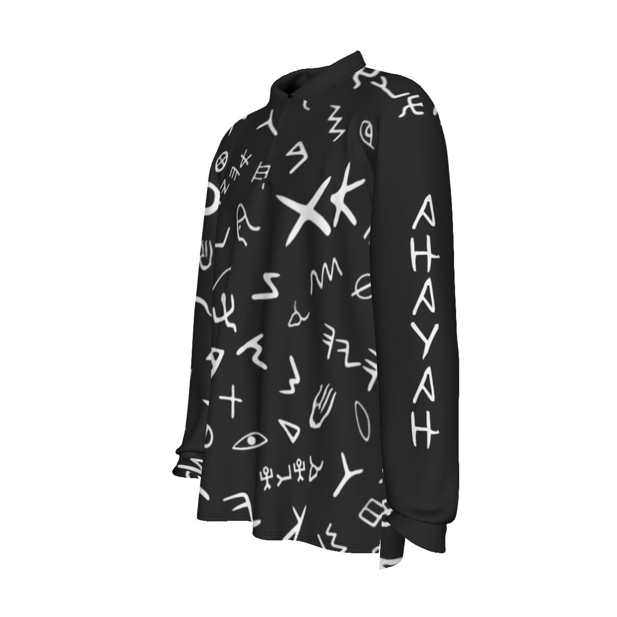 AHAYAH Ancient Paleo Phoenician Pictograph Alphabet Pattern Long Sleeve Polo Shirt - WearYnobe