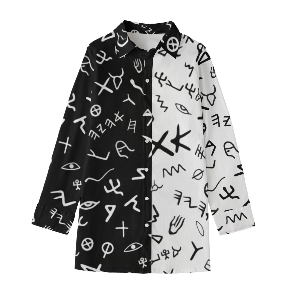 AHAYAH Ancient Paleo Phoenician Pictograph Alphabet Pattern Split Black and White Cotton Button Down - WearYnobe