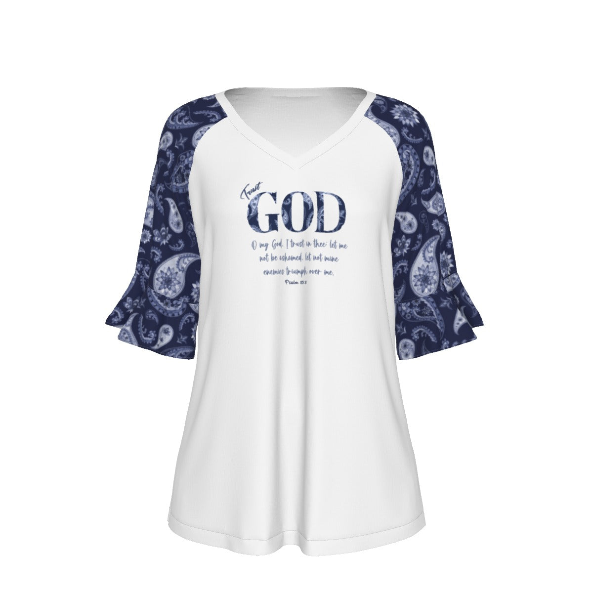 TRUST GOD Psalm 25:2 Blue Paisley Bell Sleeve Shirt - WearYnobe