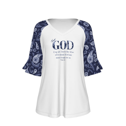 TRUST GOD Psalm 25:2 Blue Paisley Bell Sleeve Shirt - WearYnobe