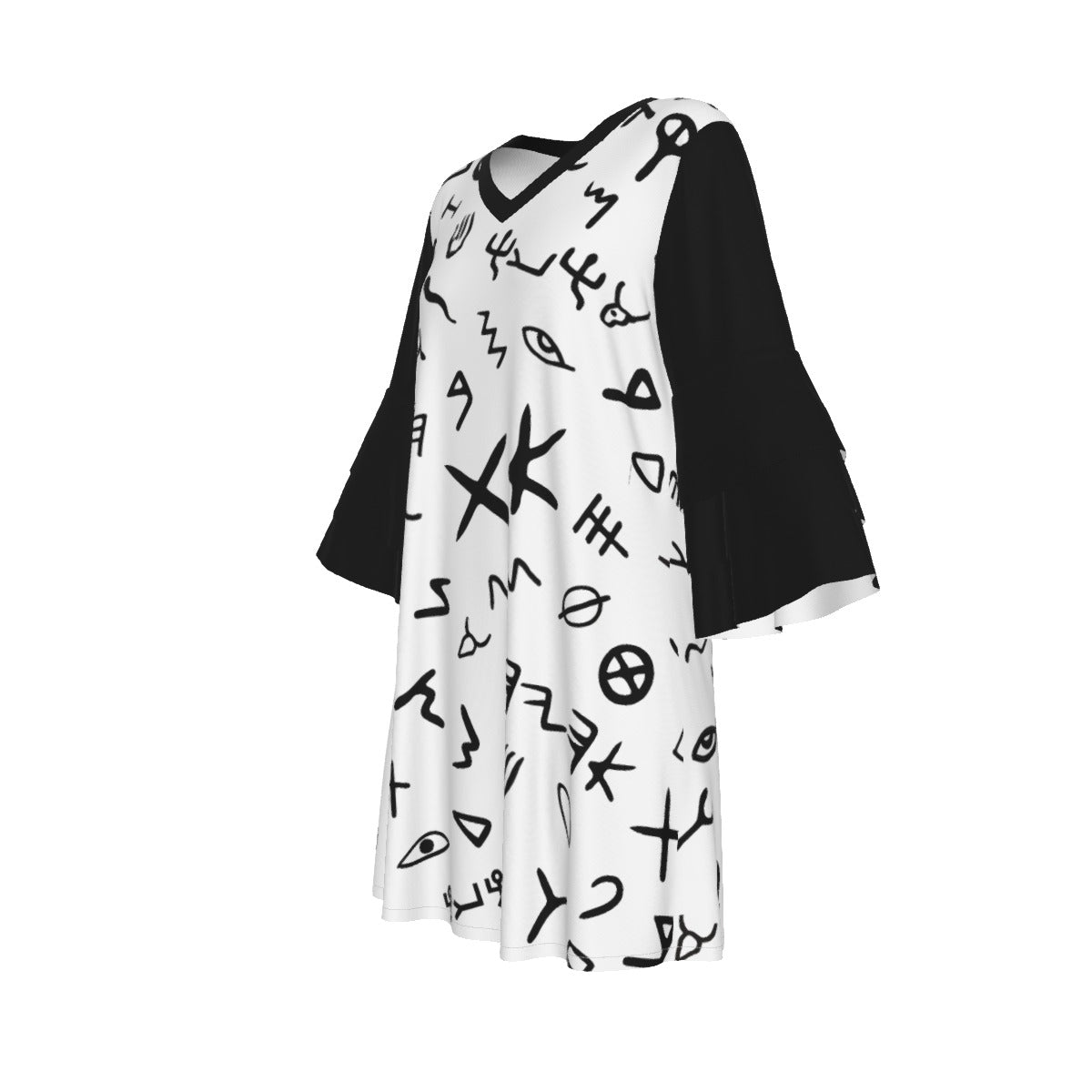 AHAYAH Ancient Paleo Phoenician Pictograph Alphabet Pattern Stacked Ruffle Sleeve Dress - WearYnobe