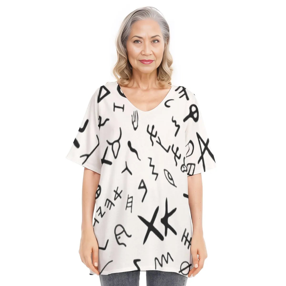 AHAYAH Ancient Paleo Phoenician Pictograph Alphabet Pattern Bat Sleeve Shirt - WearYnobe