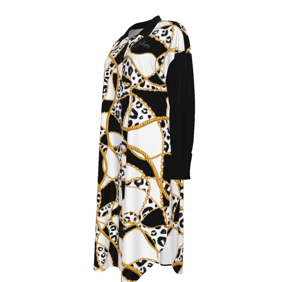 BELIEVER Romans 10:9 Leopard Black Gold White Pattern Long Shirt Dress - WearYnobe