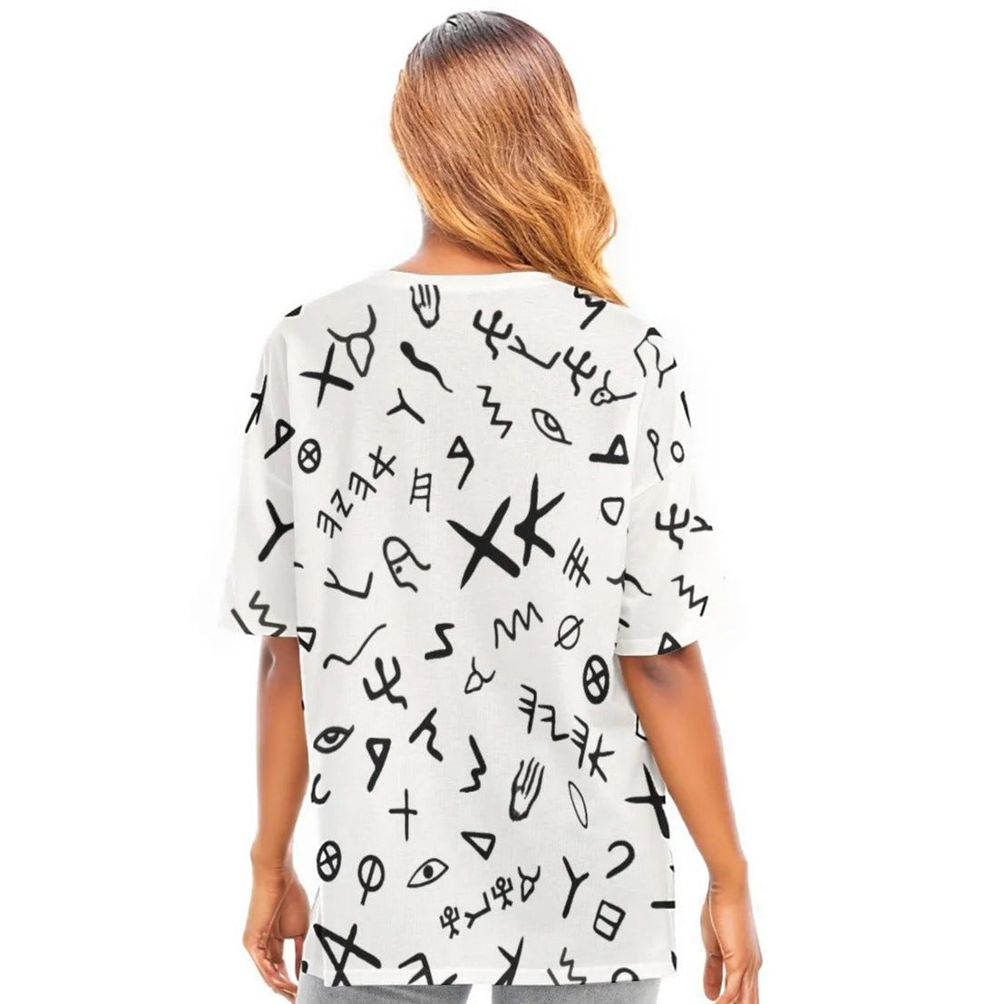 AHAYAH Ancient Paleo Phoenician Pictograph Alphabet Pattern T Shirt With Side Splits - WearYnobe