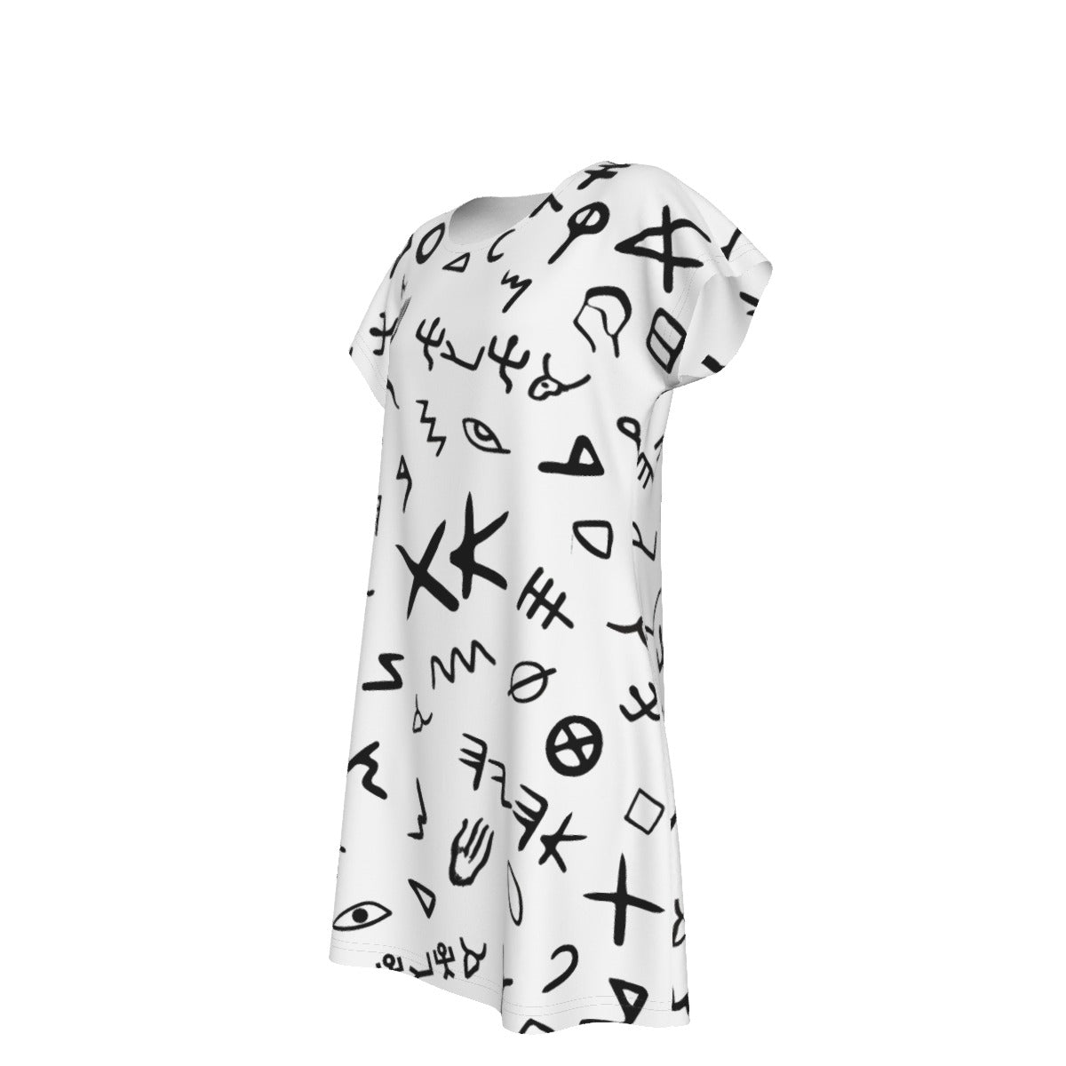 AHAYAH Ancient Paleo Phoenician Pictograph Alphabet Pattern Short Sleeve Dress - WearYnobe