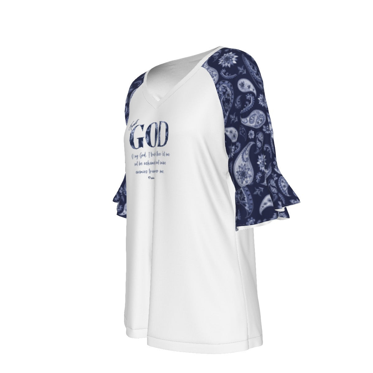 TRUST GOD Psalm 25:2 Blue Paisley Bell Sleeve Shirt - WearYnobe