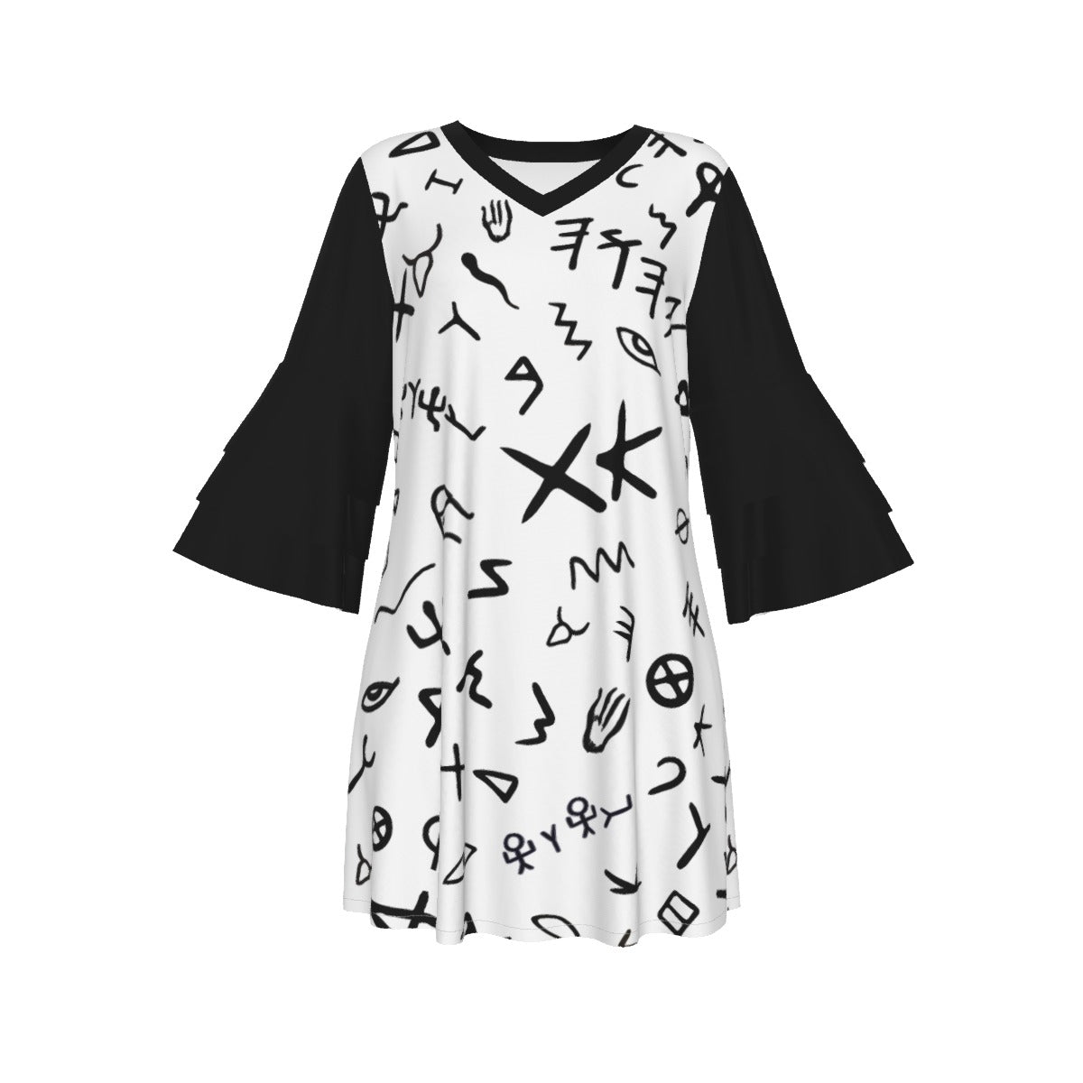 YAHUAH Ancient Paleo Phoenician Pictograph Alphabet Pattern Stacked Ruffle Sleeve Dress - WearYnobe