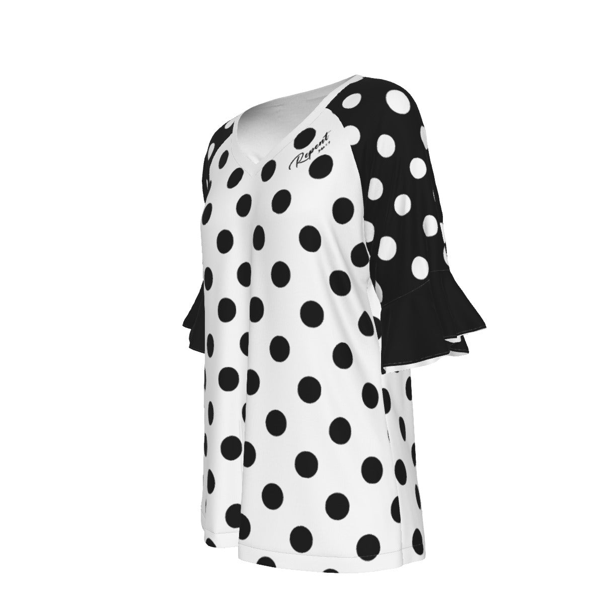 REPENT John 1:9 Polka Dot V Neck Bat Sleeve Shirt - WearYnobe