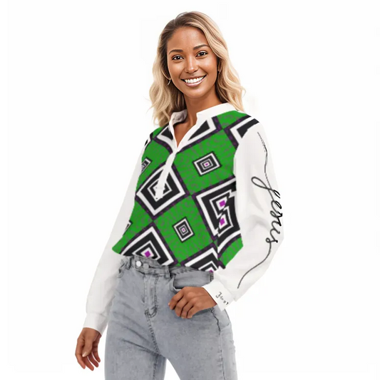 JESUS Long Sleeve Green Abstract Pattern Button Closure Blouse Shirt