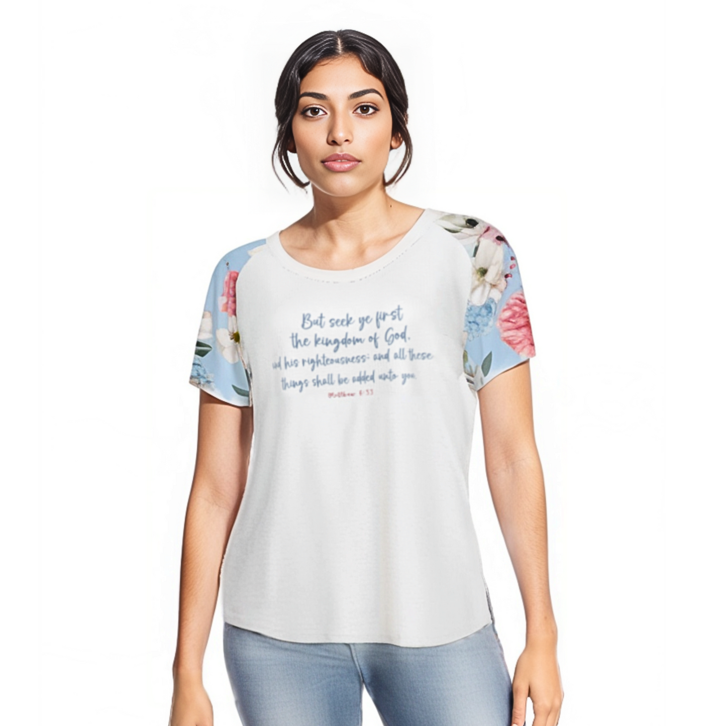BUT SEEK YE FIRST, THE KINGDOM OF GOD Matthew 6:33 Round Neck Blue Floral T Shirt - WearYnobe