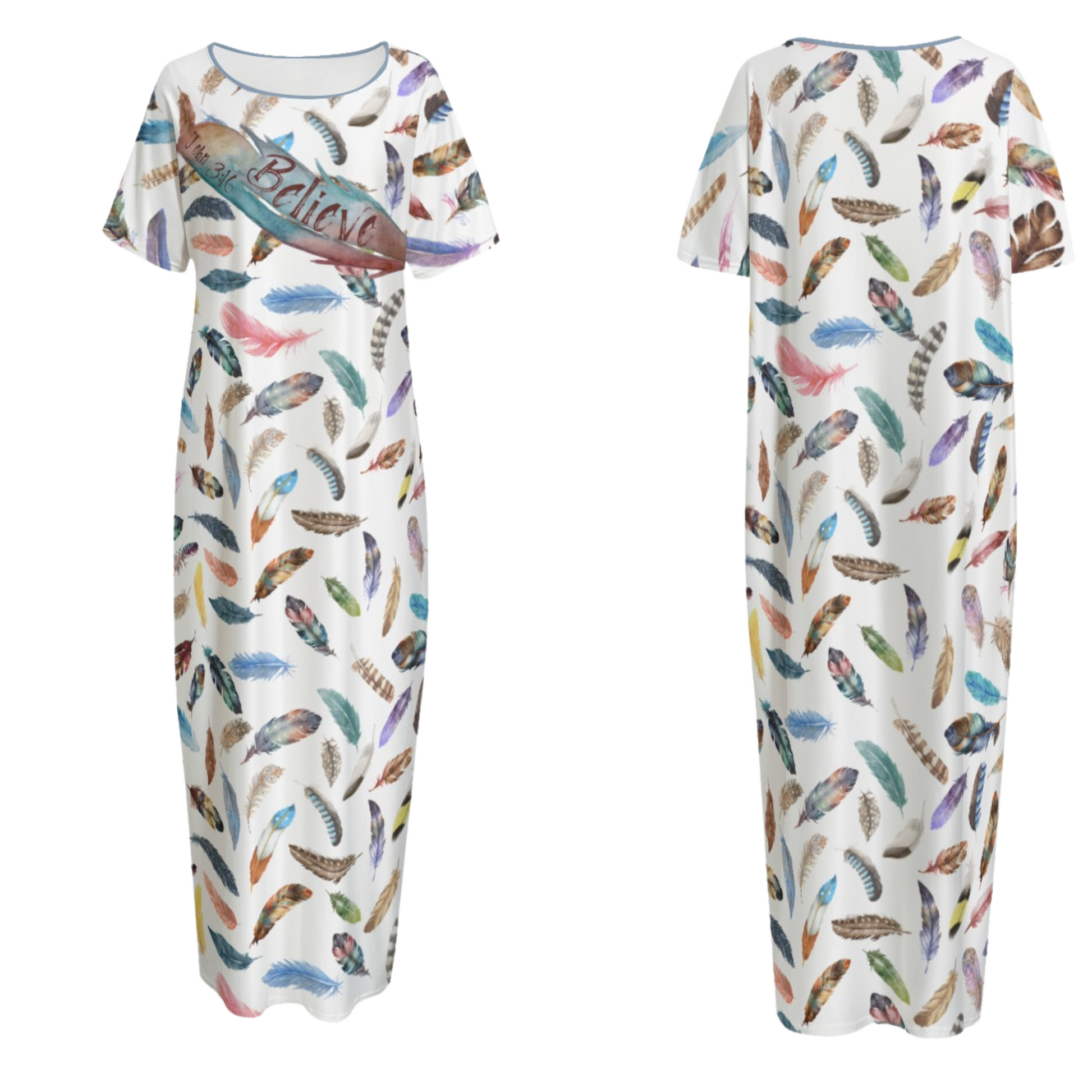 BELIEVE John 3:16 Feather Print Long Gown Dress With Pockets - WearYnobe