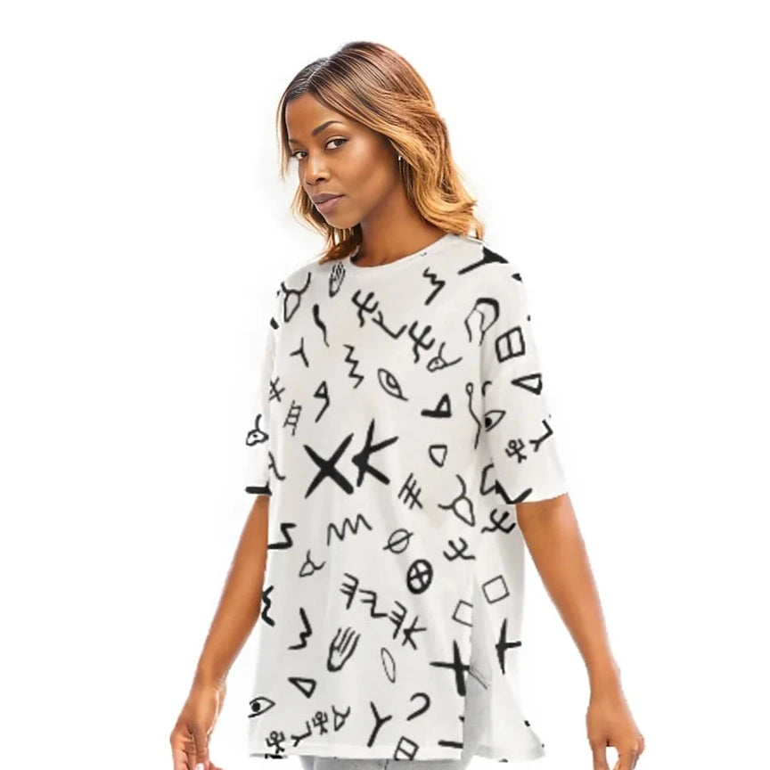 AHAYAH Ancient Paleo Phoenician Pictograph Alphabet Pattern T Shirt With Side Splits - WearYnobe