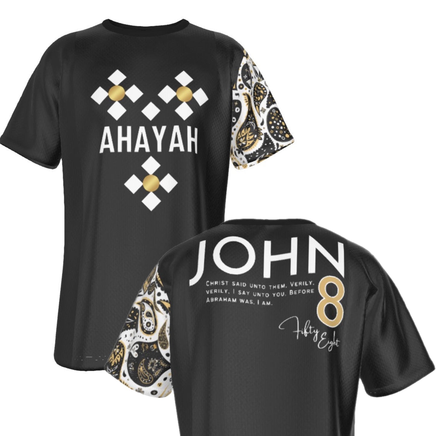 AHAYAH - I AM - John 8:58 Scripture Paisley Sleeve Black Jersey T Shirt - WearYnobe
