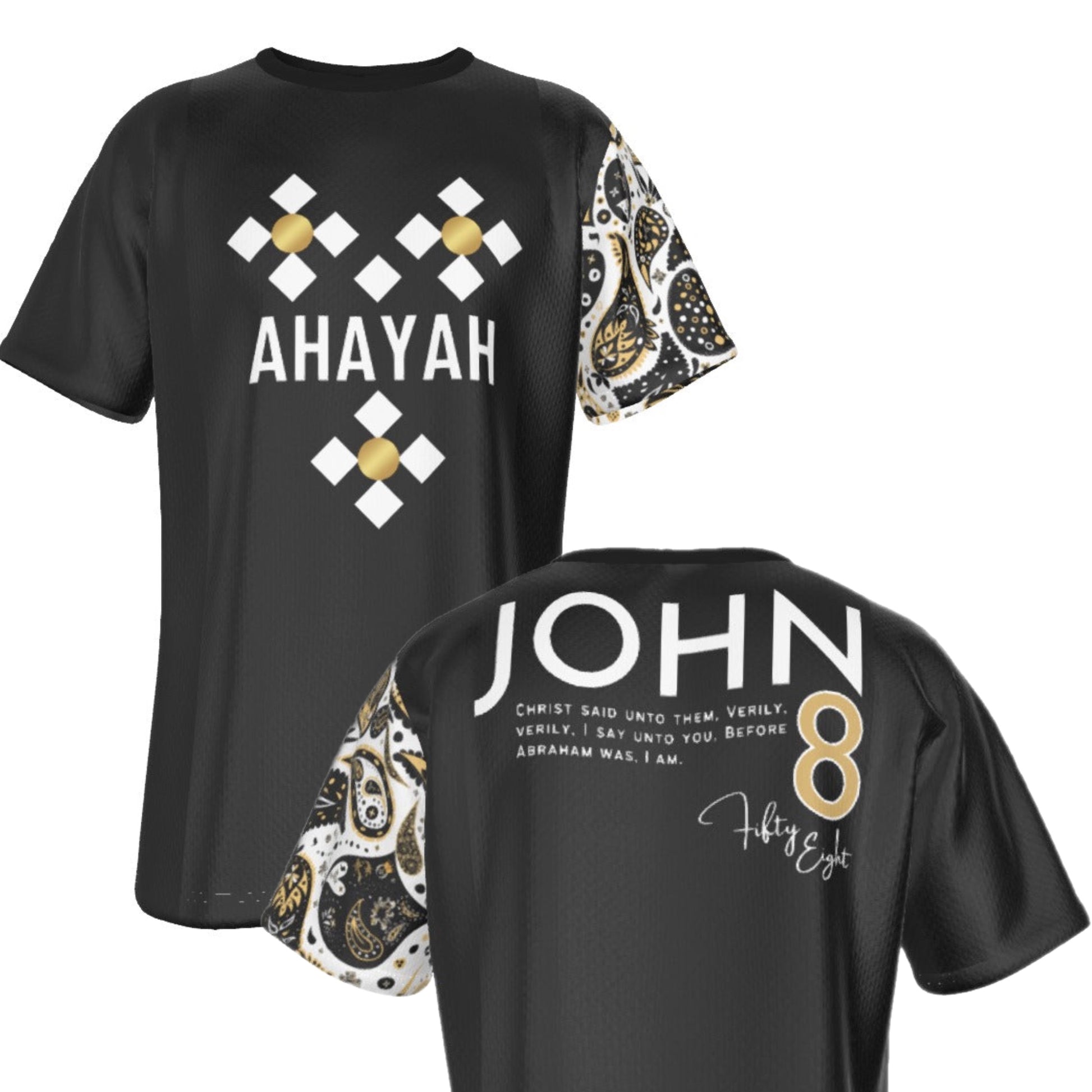 AHAYAH - I AM - John 8:58 Scripture Paisley Sleeve Black Jersey T Shirt - WearYnobe