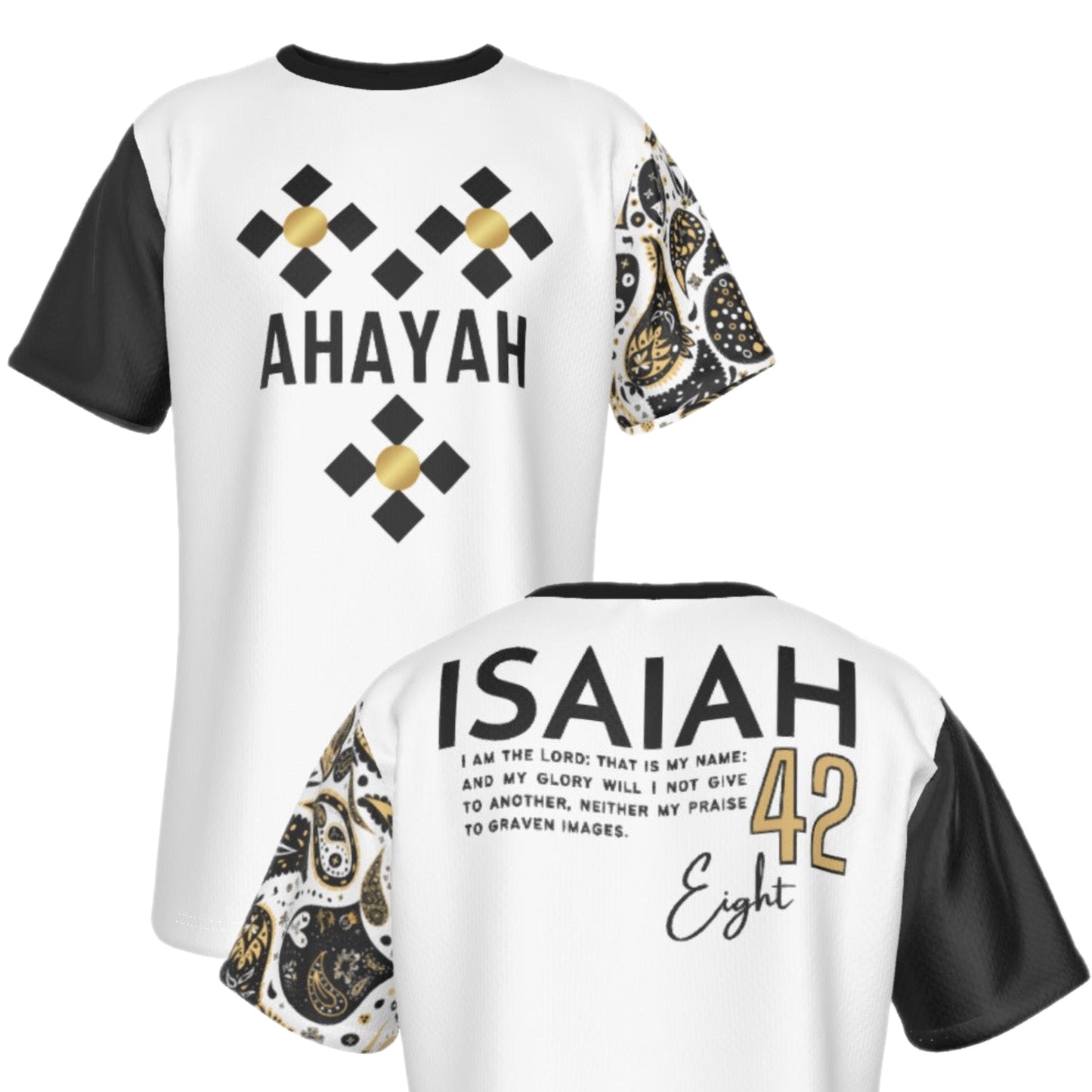 AHAYAH - IAM THE LORD Isaiah 42:8 Scripture Paisley Sleeve White Jersey T Shirt - WearYnobe