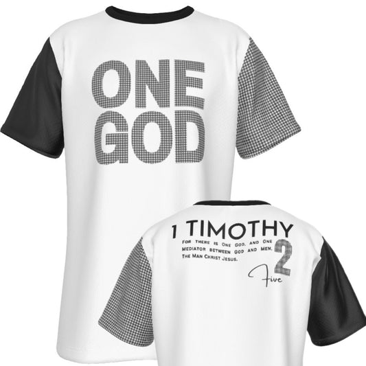 ONE GOD 1 Timothy 2:5 Houndstooth Print Sleeve Black T Shirt - WearYnobe