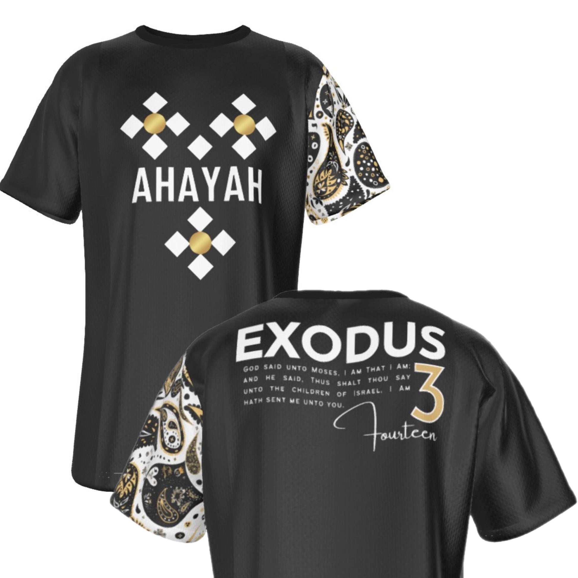 AHAYAH - I AM THAT I AM - Exodus 3:14 Scripture Paisley Sleeve Black Jersey T Shirt - WearYnobe