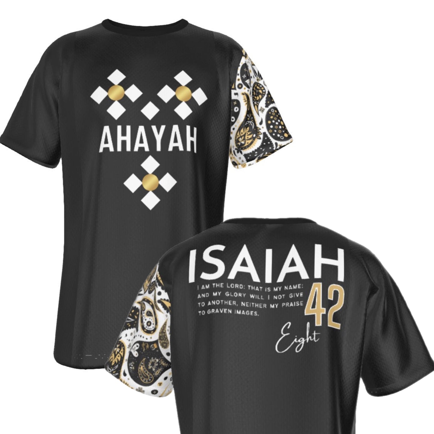 AHAYAH - I AM LORD, THAT IS MY NAME Isaiah 42:8 Scripture Paisley Sleeve White Jersey T Shirt - WearYnobe