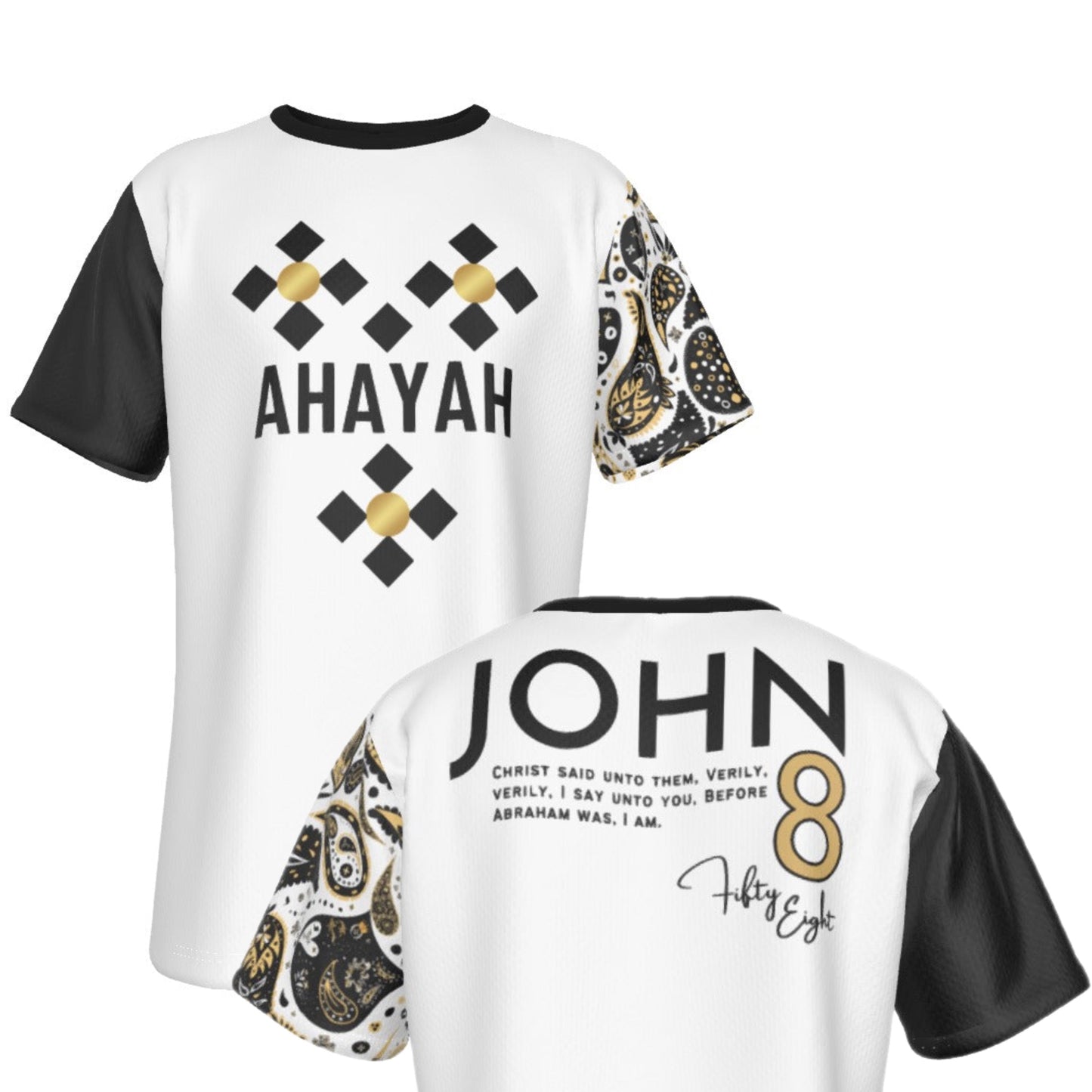 AHAYAH - Before Abraham was, I AM John 8:58 Scripture Paisley Sleeve White Jersey T Shirt - WearYnobe
