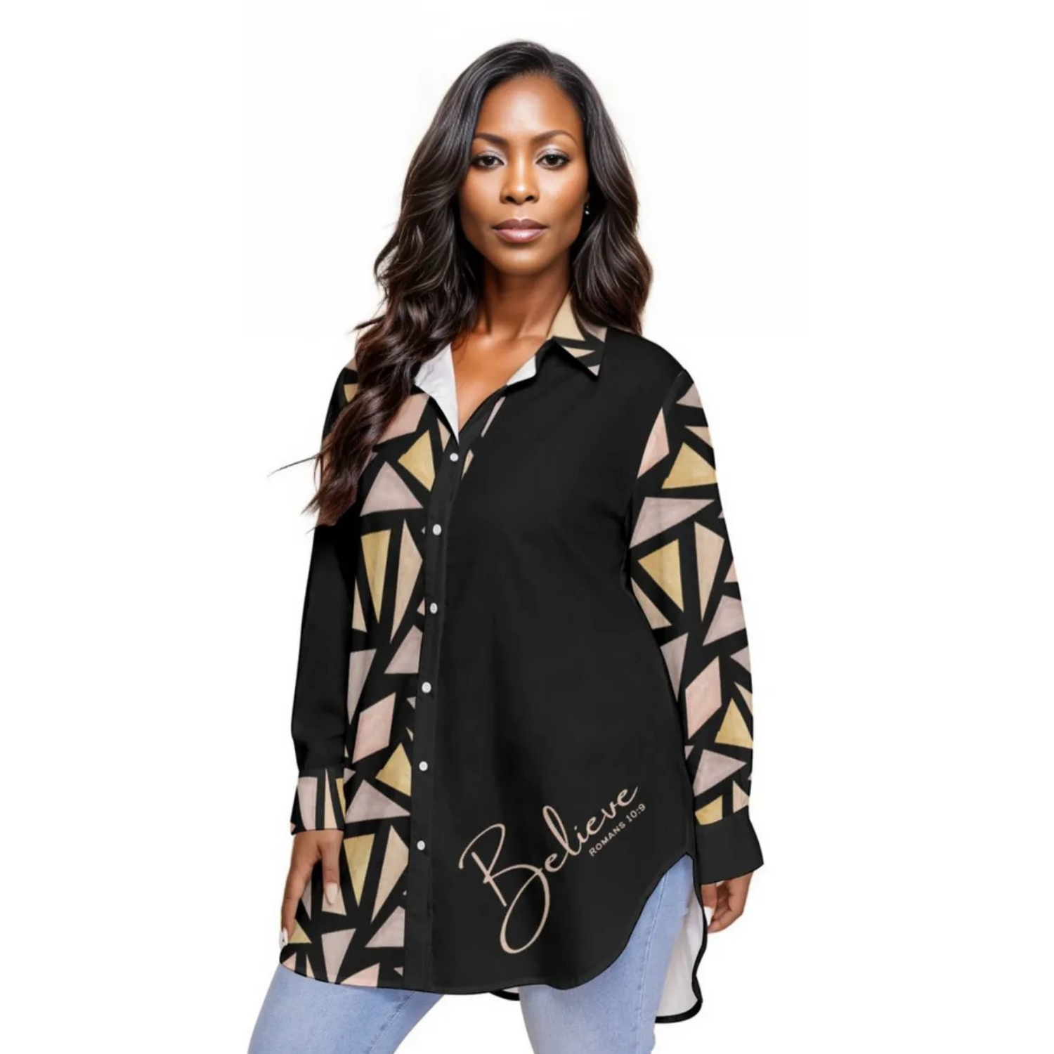 BELIEVE Romans 10:9 Abstract Print Long Sleeve Button Shirt (Plus Size) - WearYnobe