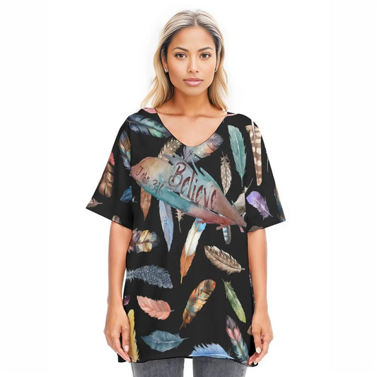 BELIEVE Black Feather Print Draped Sleeve Cotton Blouse - WearYnobe