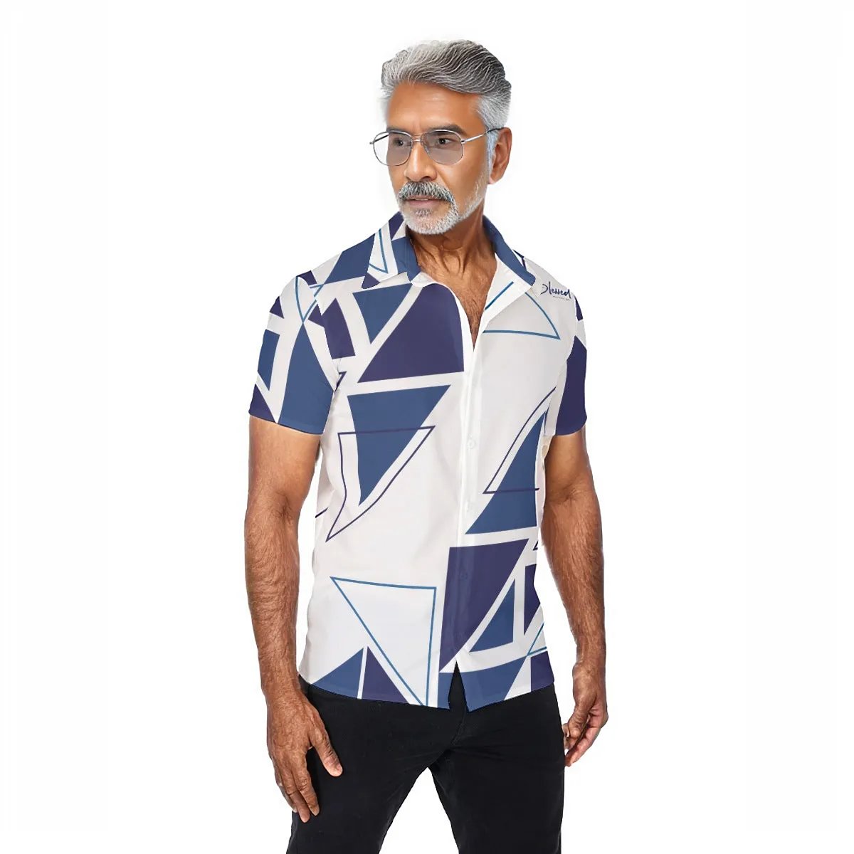 BLESSED Matthew 5:6 Blue Abstract Print Short Sleeve Button Shirt - WearYnobe