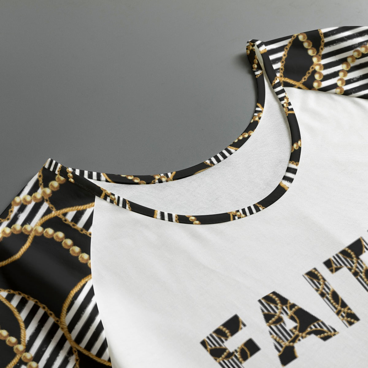 FAITH Black and White Stripe Bead Chain Print Round Neck Shirt - WearYnobe