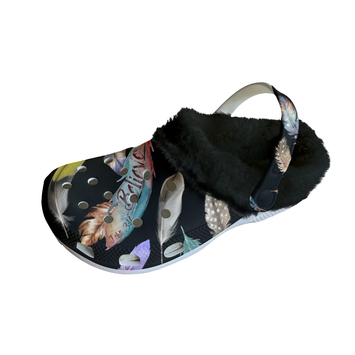 Women's BELIEVE Black Feather Fleece Clogs - WearYnobe