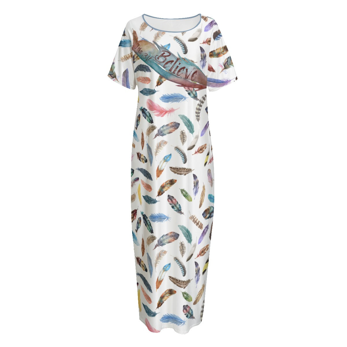 BELIEVE John 3:16 Feather Print Long Gown Dress With Pockets - WearYnobe