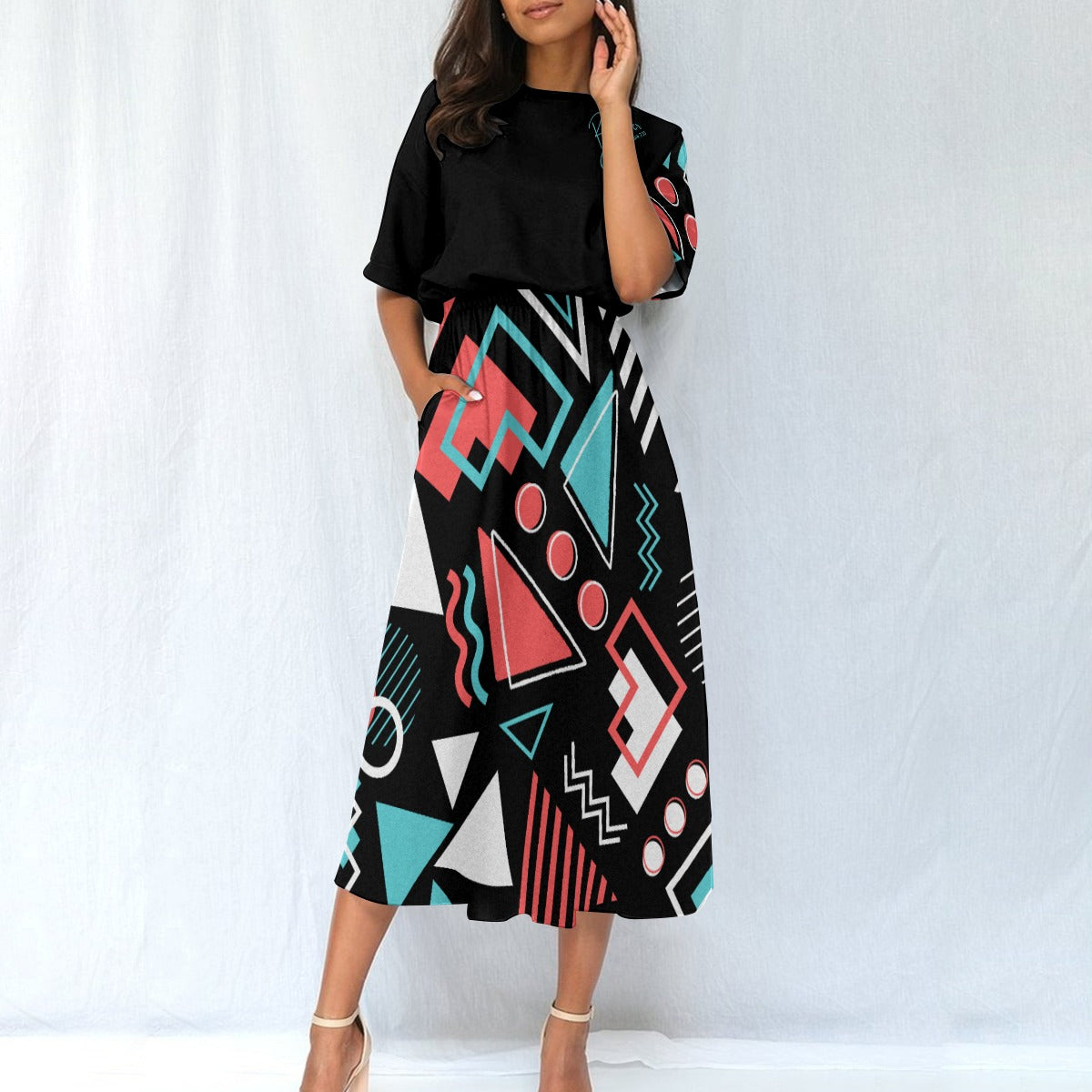 BELIEVER Abstract Pattern Print Elastic Waist Dresss