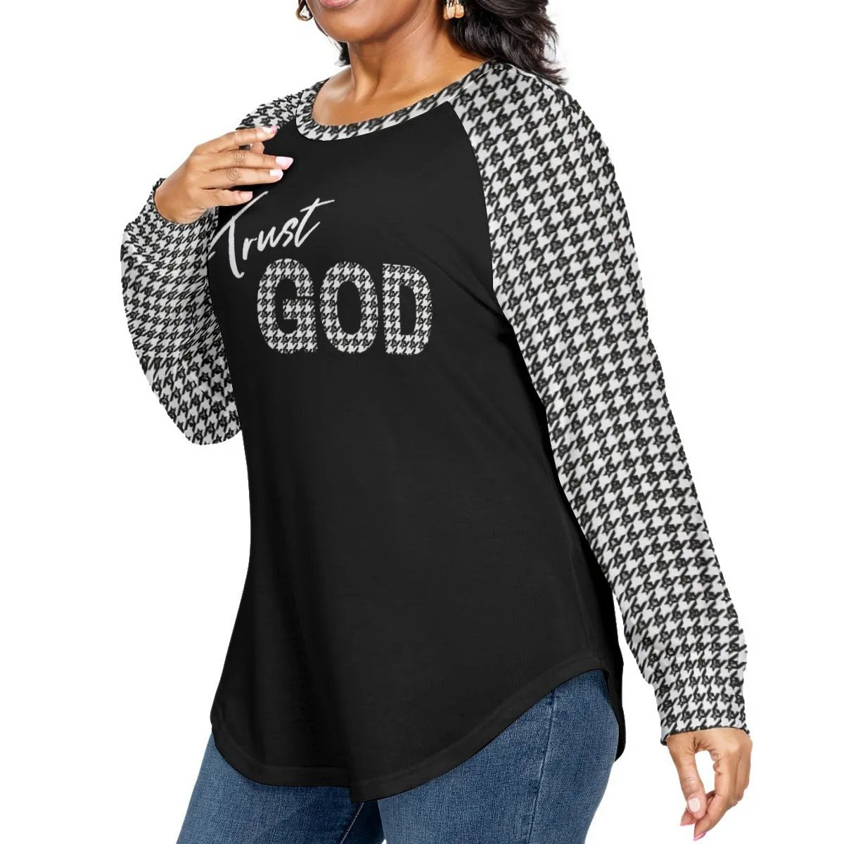 TRUST GOD Houndstooth Print Long Sleeve Plus Size Shirt - WearYnobe