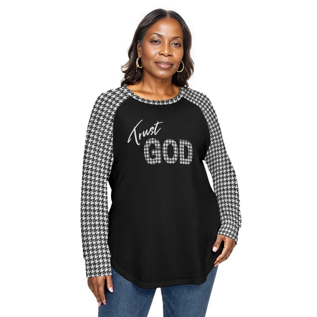 TRUST GOD Houndstooth Print Long Sleeve Plus Size Shirt - WearYnobe