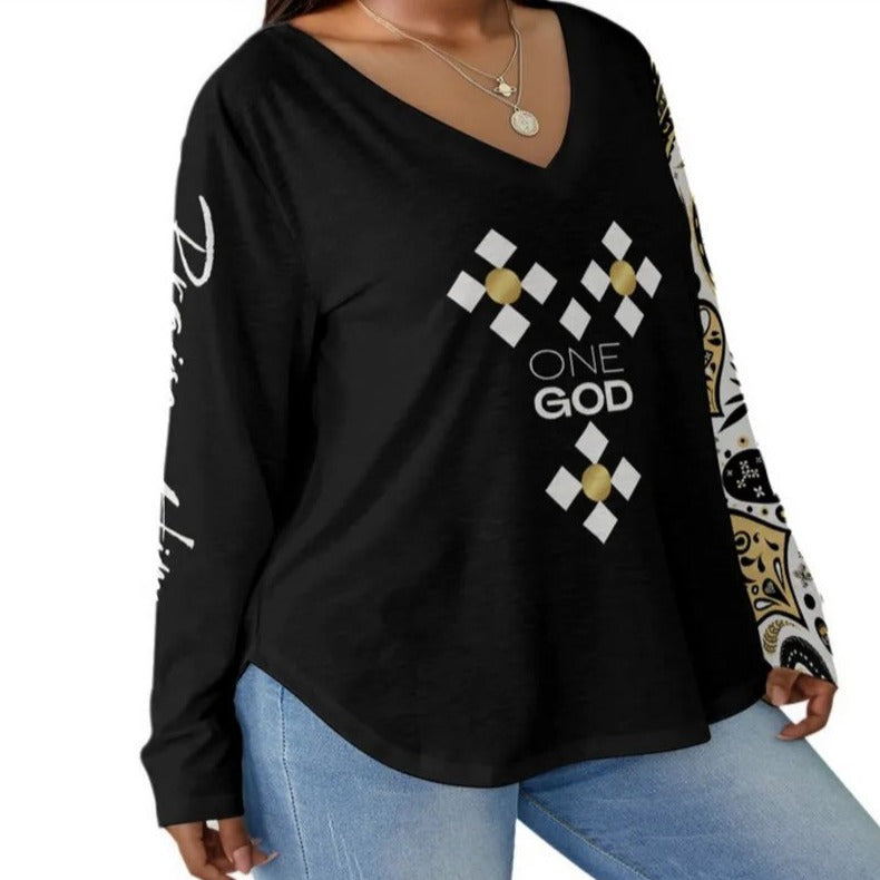 ONE GOD Ephesians 4:6 PLUS Size Paisley Praise Him Long Sleeve Shirt - WearYnobe