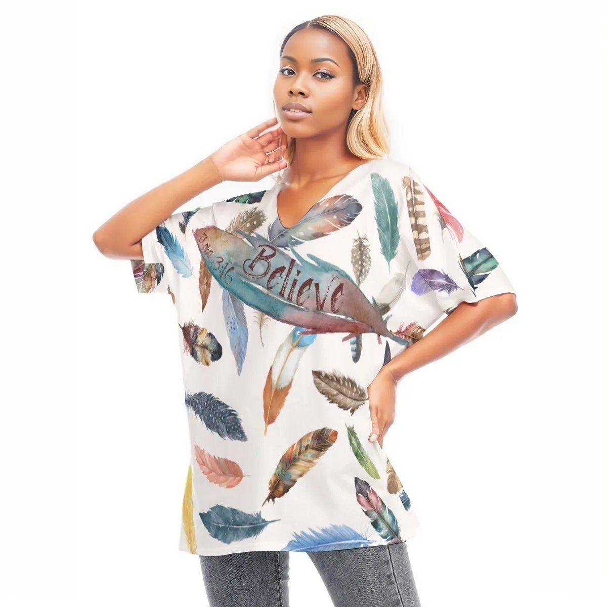 BELIEVE White Feather Print Draped Sleeve Cotton Blouse - WearYnobe